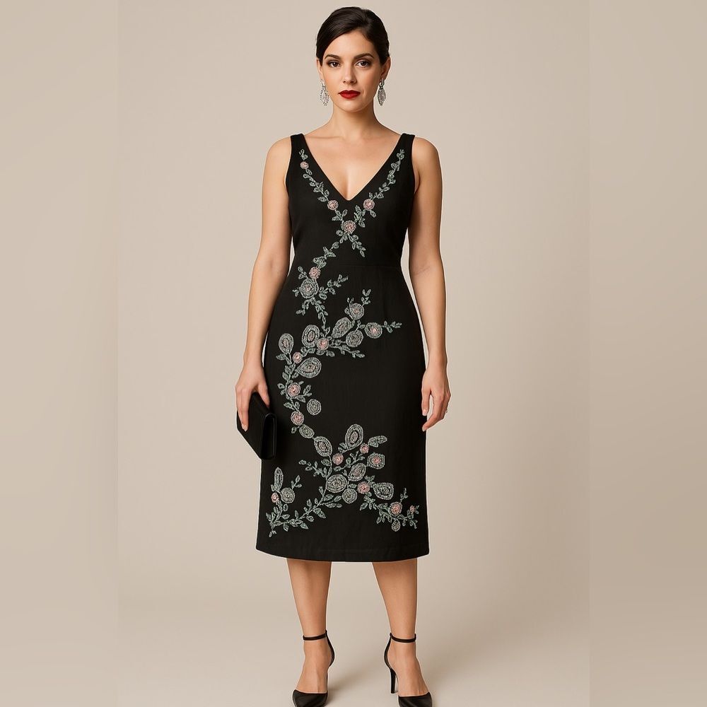 Vintage Y2K Midi Floral Beaded Black Autumn Wedding Guest Homecoming Dress Sz 8 - Picture 7 of 13
